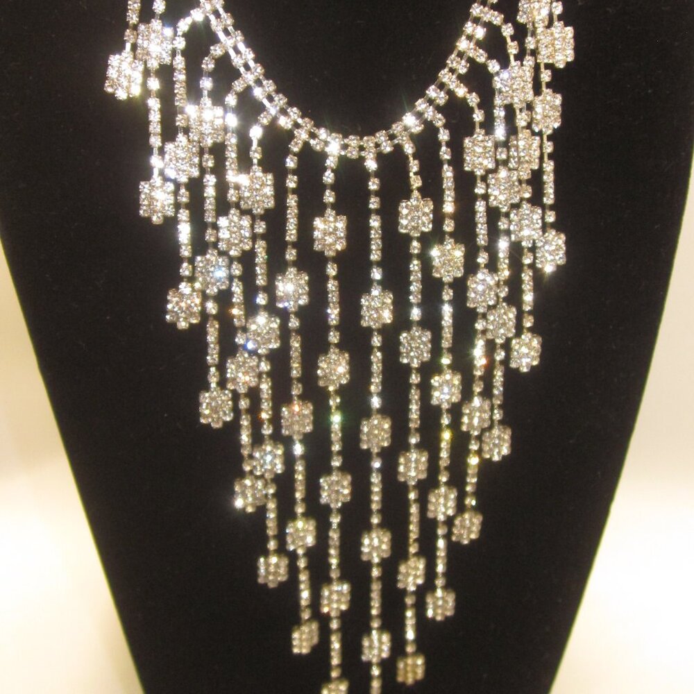 Vintage Waterfall Bling Rhinestone Statement Necklace